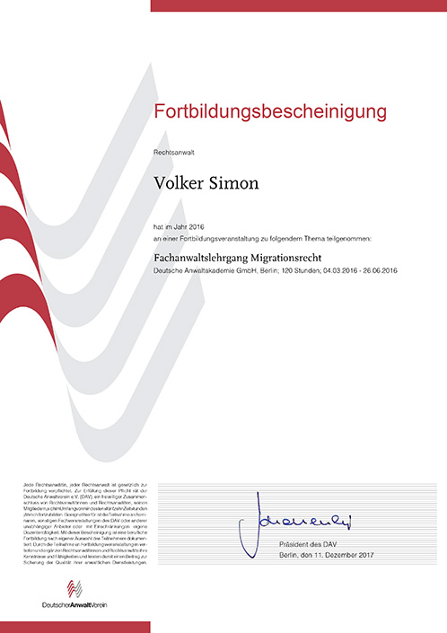 Fortbildungsbescheinigung 2014 des Deutschen Anwaltvereins e.V. (DAV)